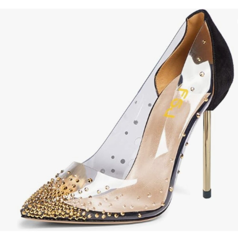 FSJ Gold Black Studded Pointed Toe Transparent Pumps High Heels Shoes